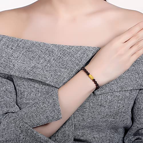 24K Solid Gold Bracelet for Women, Real Pure Gold Jewelry Fortune Pixiu Garnet Beaded Bracelet for Men