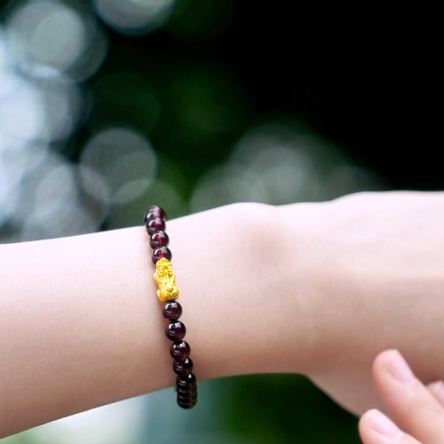 24K Solid Gold Bracelet for Women, Real Pure Gold Jewelry Fortune Pixiu Garnet Beaded Bracelet for Men