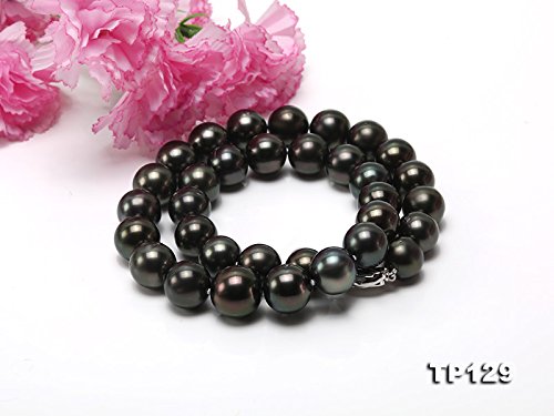 JYX Pearl AAAA+ Natural Tahitian Black Pearl Necklace 12-14mm Round Pearl Beads Strand 17.5