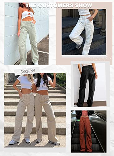 Dokotoo Women 6 Pockets High Waisted Cargo Pants Wide Leg Casual Pants Combat Military Trouser US 4-18