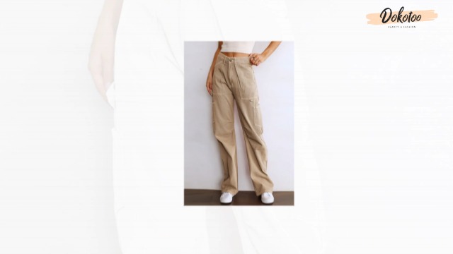 Dokotoo Women 6 Pockets High Waisted Cargo Pants Wide Leg Casual Pants Combat Military Trouser US 4-18