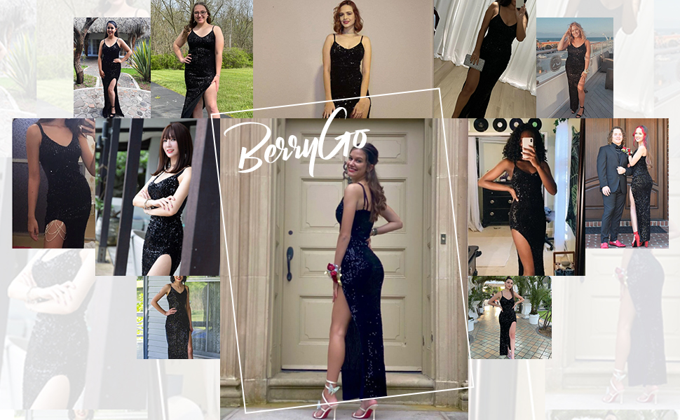 BerryGo Women s Sexy V Neck Bodycon Sequin Gown Evening Dress with Slit