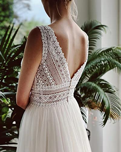 Women s Wedding Dresses Illusory Lace Bohemia V Neck Layers Tulle A Line Beachy Wedding Gowns…