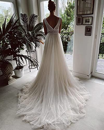 Women s Wedding Dresses Illusory Lace Bohemia V Neck Layers Tulle A Line Beachy Wedding Gowns…