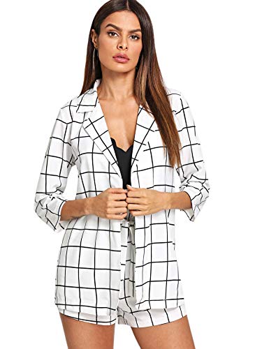 SheIn Women s 2 Pieces Outfits Plaid 3/4 Sleeve Blazers and Tie Waist Shorts Set