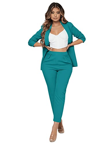 SweatyRocks Women s 2 Piece Solid Ruched Sleeve Blazer and Pants Business Office Suit Set