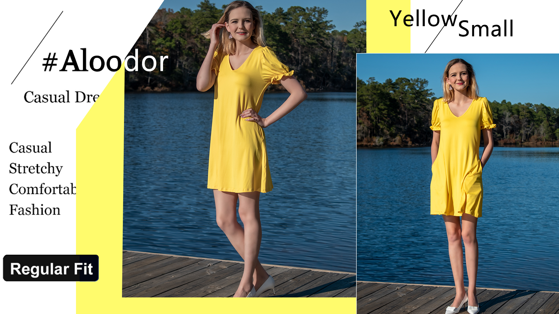 Aloodor Women s Casual Dresses Short Sleeve V-Neck Dress with Pockets