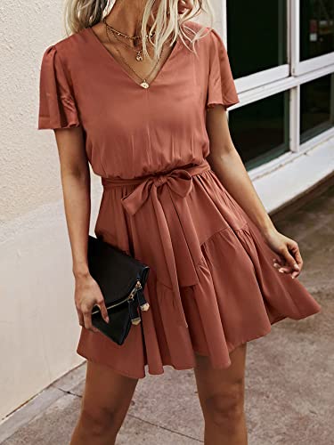 SOLY HUX Women s Casual V Neck Butterfly Short Sleeve High Waist Ruffle Hem Belted Dress