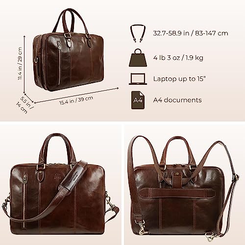 Time Resistance Leather Laptop Briefcase - Full Grain Leather Computer Bag for Men and Women