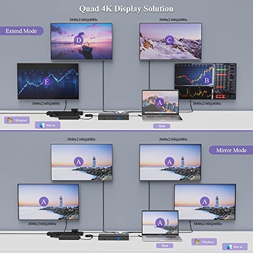 WAVLINK Enterprise-Level Universal Docking Station,20-in-1 USB-C Quad 4K Dual 5K@60Hz Display Dock with 100W Charging,4xDisplayPort(1.2),4xHDMI(2.0),2.5G Ethernet,USB 3.1/3.0-A,USB-C(PD30W)