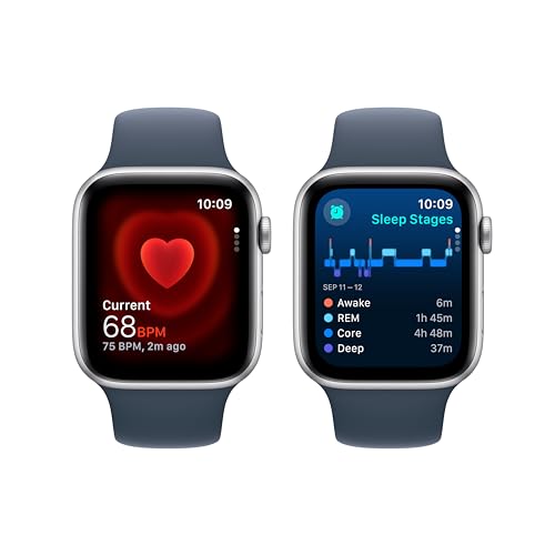 Apple Watch SE (2nd Gen) [GPS + Cellular 44mm] Smartwatch with Silver Aluminum Case with Storm Blue Sport Band S/M. Fitness & Sleep Tracker, Crash Detection, Heart Rate Monitor