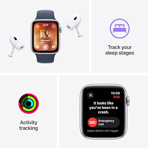 Apple Watch SE (2nd Gen) [GPS + Cellular 44mm] Smartwatch with Silver Aluminum Case with Storm Blue Sport Band S/M. Fitness & Sleep Tracker, Crash Detection, Heart Rate Monitor