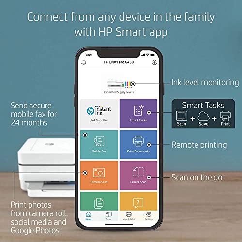 HP Envy Pro 6458 All-in-One Color Inkjet Printer, Copy, Scan, Mobile fax, Instant Ink Ready, 5SE48A (Renewed)
