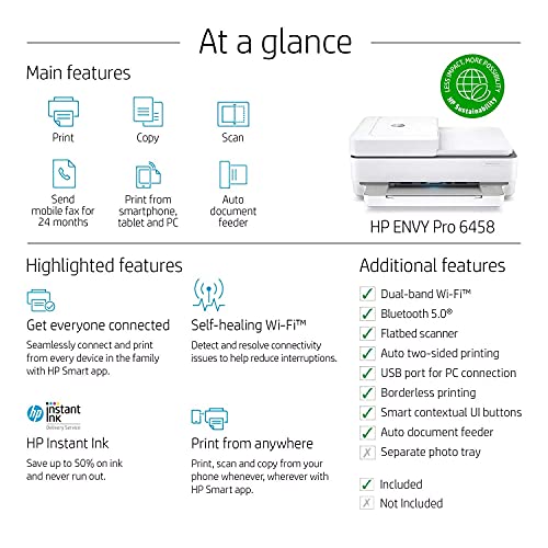 HP Envy Pro 6458 All-in-One Color Inkjet Printer, Copy, Scan, Mobile fax, Instant Ink Ready, 5SE48A (Renewed)