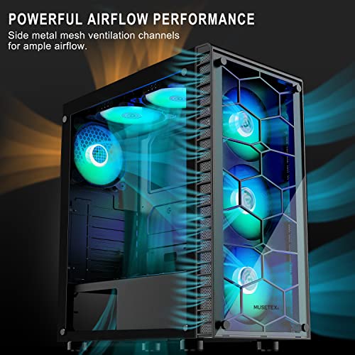 MUSETEX ATX PC Case Pre-Installed 6Pcs 120mm ARGB Fans, Mid-Tower Computer Gaming Case, USB 3.0 Tempered Glass Phantom Black Computer Case, MN6-B