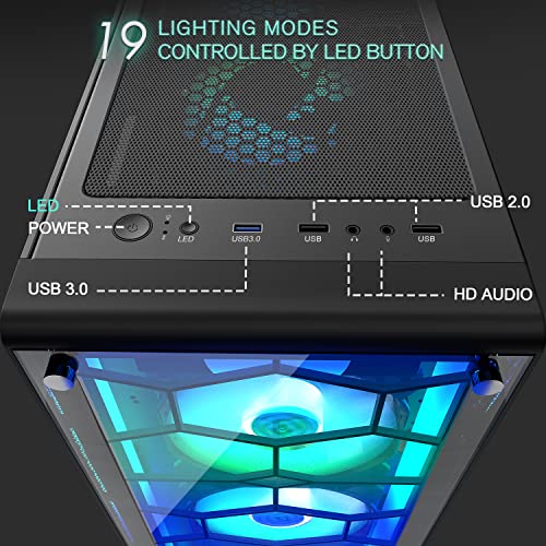 MUSETEX ATX PC Case Pre-Installed 6Pcs 120mm ARGB Fans, Mid-Tower Computer Gaming Case, USB 3.0 Tempered Glass Phantom Black Computer Case, MN6-B