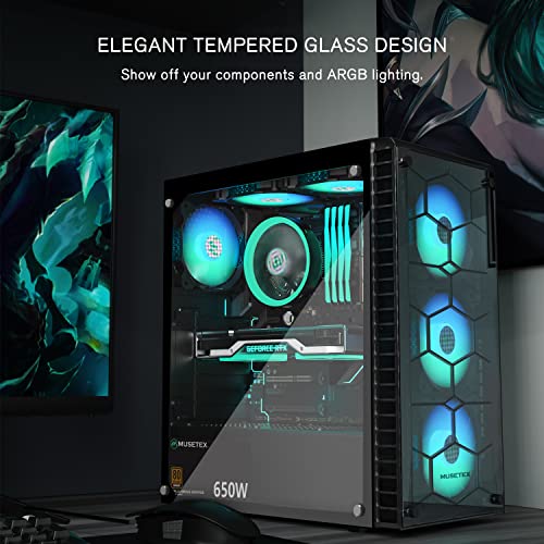 MUSETEX ATX PC Case Pre-Installed 6Pcs 120mm ARGB Fans, Mid-Tower Computer Gaming Case, USB 3.0 Tempered Glass Phantom Black Computer Case, MN6-B