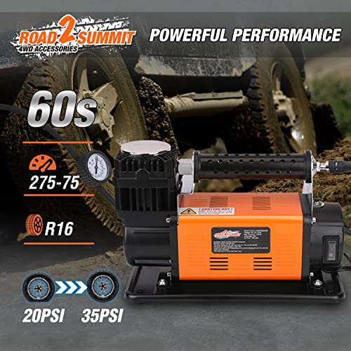 Heavy Duty Portable 12V Air Compressor Kit Inflate 6.35CFM (180L/ Min), Max 150PSI, Off-Road Air Compressor Kit for 4x4 Vehicle RV, Air Pump for ATVS Tire, for Car and SUV Tire, ROAD2SUMMIT