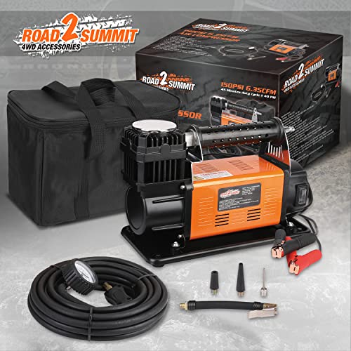 Heavy Duty Portable 12V Air Compressor Kit Inflate 6.35CFM (180L/ Min), Max 150PSI, Off-Road Air Compressor Kit for 4x4 Vehicle RV, Air Pump for ATVS Tire, for Car and SUV Tire, ROAD2SUMMIT