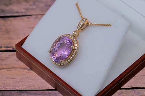 KOKAV 14K Rose Gold Genuine Kunzite 11-7/8 Ct Oval, Diamonds Pendant Necklace