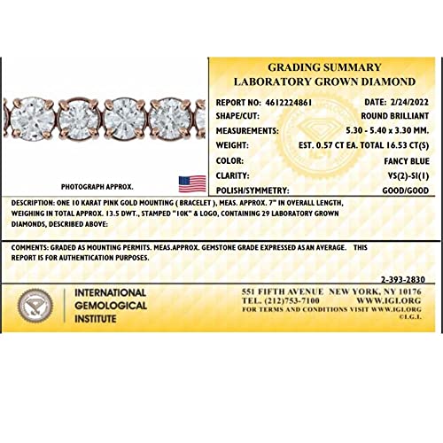 Certified 16.53 Ct Lab Grown Diamond Tennis Bracelet Rose Gold 7