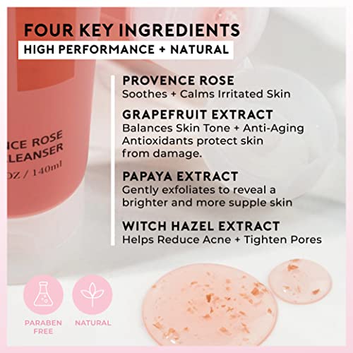 LA FLORELLE Provence Rose Foam Facial Cleanser: Non-Irritating Makeup Remover and Daily Face Wash for Women, Made with All Natural Ingredients for Gentle Exfoliation and Hydration for All Skin Types - 4.73 FL.OZ