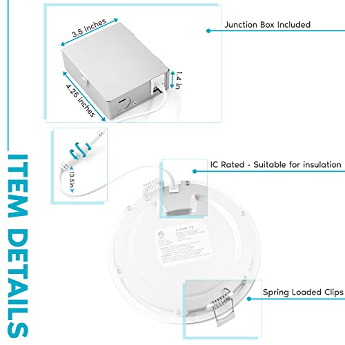 LUXRITE 5 Inch Ultra Thin LED Recessed Light with Junction Box, 12W, 5 Color Selectable 2700K-5000K, 1000 Lumens, Dimmable LED Wafer Lights, Wet Rated, IC Rated, Energy Star, ETL Listed (4 Pack)