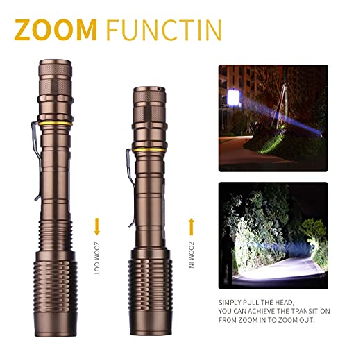 Skywolfeye Led Flashlight 2 Pack Super Bright Flashlights Rechargeable High Lumens Torch 5 Modes Zoomable Waterproof for Camping Kids Adults Outdoor Hiking Emergency (Brown)