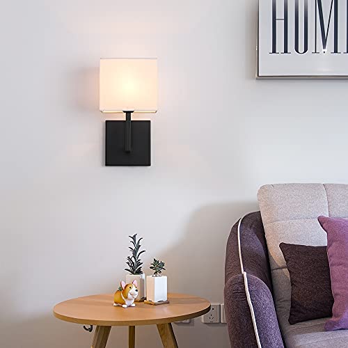 Plug in Wall Sconce Set of 2, Indoor Bedside Wall Lamp Light with Plug-in Cord and On Off Toggle Switch, Vintage Industrial Nightstand Lamps with White Fabric Square Lamp Shade for Living Room, Black