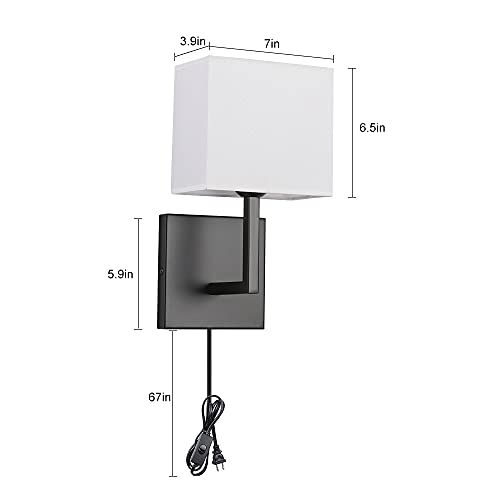 Plug in Wall Sconce Set of 2, Indoor Bedside Wall Lamp Light with Plug-in Cord and On Off Toggle Switch, Vintage Industrial Nightstand Lamps with White Fabric Square Lamp Shade for Living Room, Black
