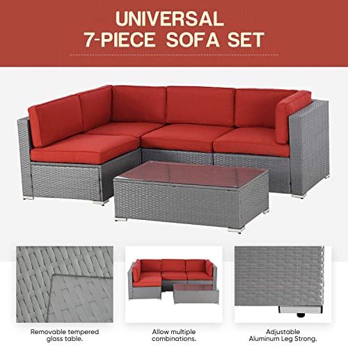 SOLAURA 5-Piece Outdoor Patio Furniture Set, Grey Wicker Furniture Modular Sectional Sofa Set with YKK Zipper &Coffee Table- Red