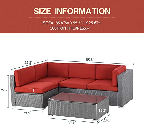 SOLAURA 5-Piece Outdoor Patio Furniture Set, Grey Wicker Furniture Modular Sectional Sofa Set with YKK Zipper &Coffee Table- Red